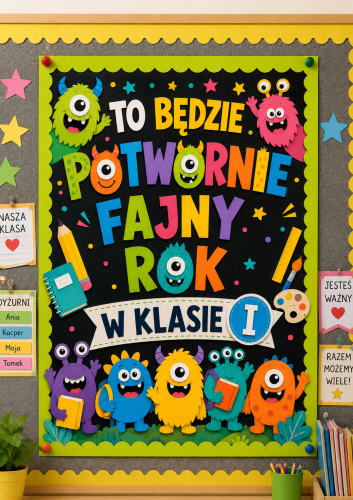 DEKORACJA, PLAKAT NA GAZETKĘ, DRZWI - TO BĘDZIE POTWORNIE FAJNY ROK W KLASIE I - A4, A3, 9 STRON 