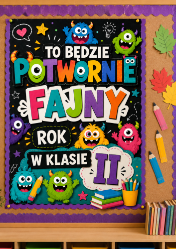 DEKORACJA, PLAKAT NA GAZETKĘ, DRZWI - TO BĘDZIE POTWORNIE FAJNY ROK W KLASIE II - A4,A3, 9 STRON 