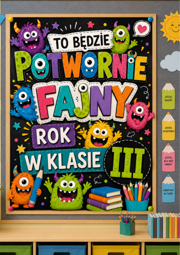 DEKORACJA, PLAKAT NA GAZETKĘ, DRZWI - TO BĘDZIE POTWORNIE FAJNY ROK W KLASIE III - A4, A3, 9 STRON 