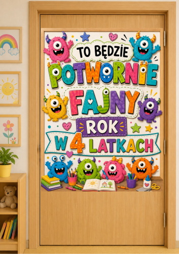 DEKORACJA, PLAKAT NA GAZETKĘ, DRZWI - TO BĘDZIE POTWORNIE FAJNY ROK W 4 LATKACH- A4, A3, 9 STRON 
