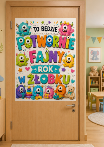 DEKORACJA, PLAKAT NA GAZETKĘ, DRZWI - TO BĘDZIE POTWORNIE FAJNY ROK W ŻŁOBKU- A4, A3, 9 STRON 