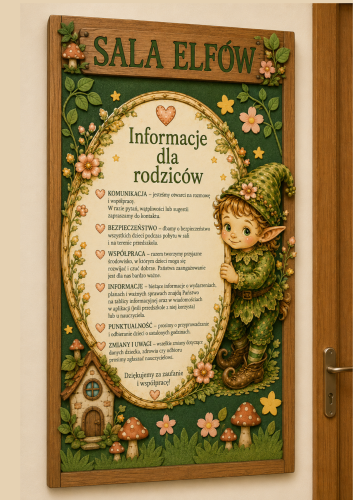 SALA ELFÓW INFORMACJE DLA RODZICÓW DEKORACJA/PLAKAT XXL NA GAZETKĘ, DRZWI - A4, A3, 9,12 STRON  