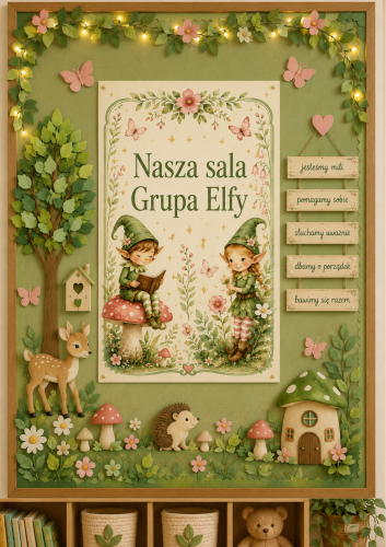 NASZA SALA GRUPA ELFY DEKORACJA/PLAKAT XXL NA GAZETKĘ, DRZWI - A4, A3, 6, 12 STRON  
