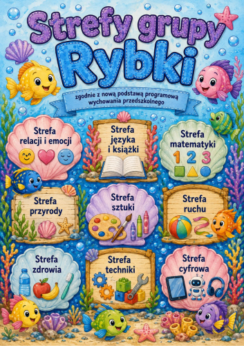 GRUPA RYBKI-  STREFY ZGODNIE Z NOWĄ PODSTAWA WYCHOWANIA PRZESZKONEGO;  9 WZORÓW