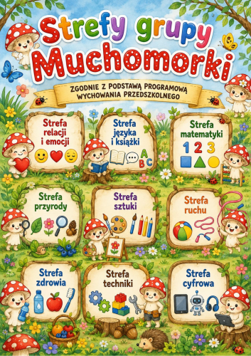 GRUPA MUCHOMRKI-  STREFY ZGODNIE Z NOWĄ PODSTAWA WYCHOWANIA PRZESZKONEGO;  11 WZORÓW 