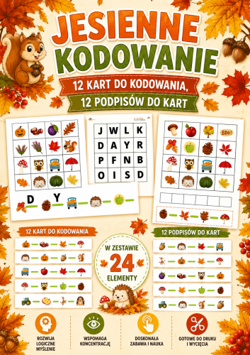 JESIENNE KODOWANIE - 12 KART DO KODOWANIA 12 PODPISÓW DO KART 