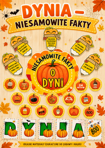 PROJEKT NIESAMOWITE FAKTY O DYNI - 15 INFORMACJI NA STRZAŁKACH+ KARTY OBRAZKOWE +NAPIS+ PLAKAT XXL 39 STRON