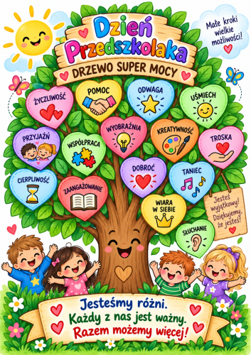 DZIEŃ PRZEDSZKOLAKA - DRZEWO SUPER MOCY, DEKORACJA, PLAKAT NA DRZWI/ GAZETKĘ - 6, 12 STRON 