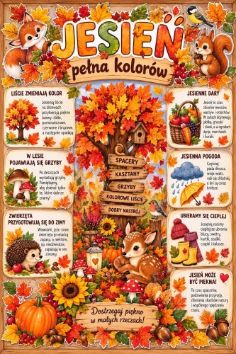 JESIEŃ PEŁNA KOLORÓW DEKORACJA NA GAZETKĘ, DWIE WIELKOŚCI + ELEMENTY DO OZDOBY.   RAZEM  33 STRONY 