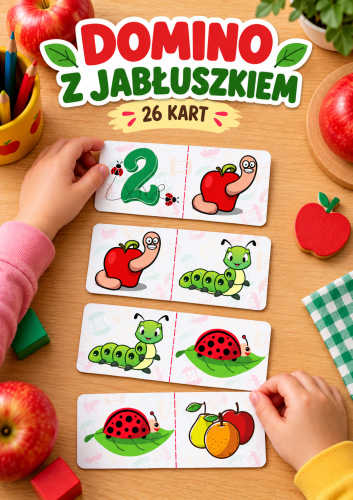 DOMINO Z JABŁUSZKIEM NA DZIEŃ JABŁKA - 26 KART DUŻY FORMAT DO ZABAWY GRUPOWEJ