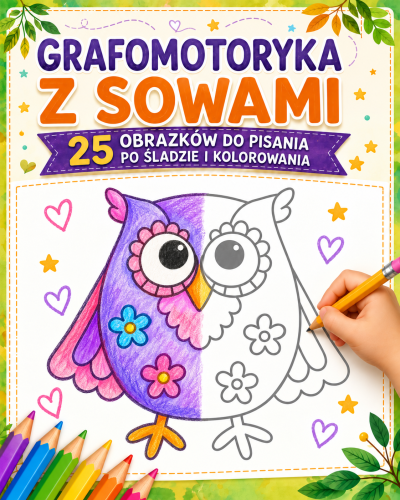 GRAFOMOTORYKA Z SOWAMI - 25 OBRAZKÓW DO PISANIA PO SLADZIE I KOLOROWANIA