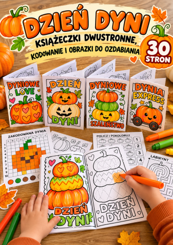 DZIEŃ DYNI KSIĄŻECZKI DWUSTRONNE, KODOWANIE I OBRAZKI DO OZDABIANIA CZ.2 30 STRON 