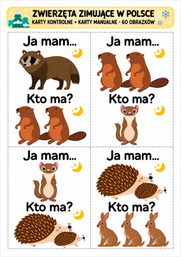  ZWIERZĘTA ZIMUJĄCE W POLSCE + KARTY KONTROLNE+ KARTY MANUALNE - 60 OBRAZKÓW