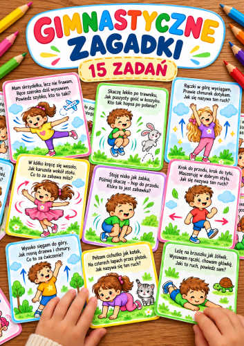 GIMNASTYCZNE RYMOWANE ZAGADKI ZAGADKI - KARTY OBRAZKOWE 15 ZADAŃ 