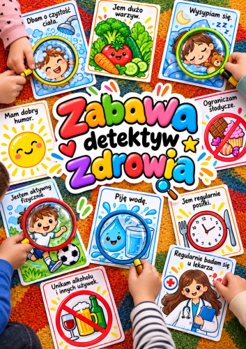 ZABAWA - DETEKTYW ZDROWIA  24 OBRAZKI + LUPY + INSTRUKCJA + NAPIS 