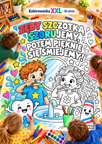 ZĘBY SZCZOTKĄ SZORUJEMY KOLOROWANKA XXL  - 16 STRON + A4, A3