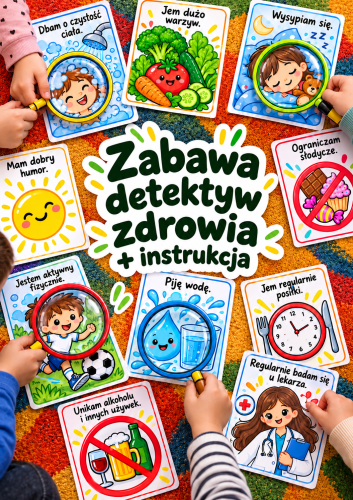 ZABAWA - DETEKTYW ZDROWIA  24 OBRAZKI + LUPY + INSTRUKCJA + NAPIS 