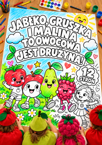 JABŁKO, GRUSZKA I MALINA - KOLOROWANKA XXL  - 12 STRON + WKLEJKA A4 