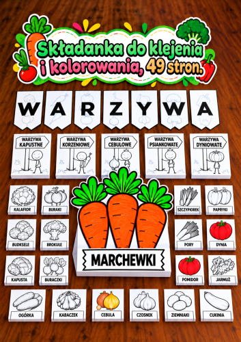 WARZYWA SKŁADANKA Z PODZIAŁEM DO WYCINANIA I KOLOROWANIA  + NAPIS 49 STRON