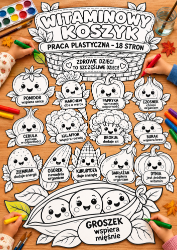 WITAMINOWY KOSZYK PRACA PLASTYCZNA DO WYCINANIA I KOLOROWANIA  - 18 STRON + 2X WKLEJKA A4