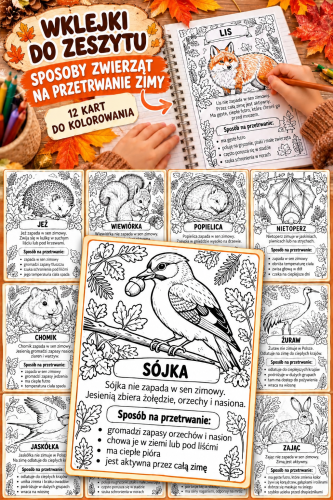 WKLEJKA DO ZESZYTU - SPOSOBY ZWIERZĄT NA PRZETRWANIE ZIMY  12 KART DO KOLOROWANIA 