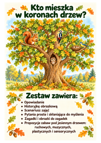 KTO MIESZKA W KORONACH DRZEW? - ZESTAW POMOCY - 22 STRONY + 24 ZAGADKI OBRAZKOWE 
