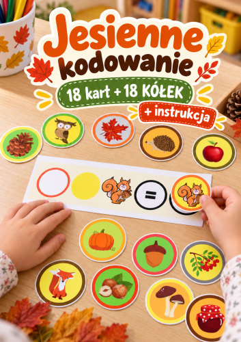 JESIENNE KODOWANIE + INSTRUKCJA - 18 KART DO KODOWANIA + 18 KÓŁEK KÓŁKA