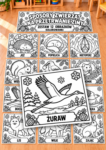 SPOSOBY ZWIERZAT NA PRZETRWANIE ZIMY  POMOCE DO ZAJĘĆ, PRACE PLASTYCZNE  - - 12 OBRAZKÓW + NAPIS 