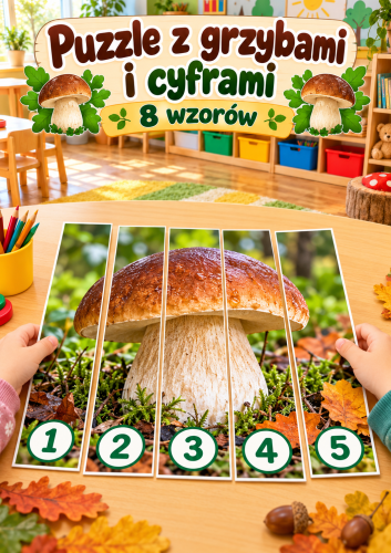 PUZZLE Z GRZYBAMI I CYFRAMIPUZZLE Z GRZYBAMI I CYFRAMI 8 OBRAZKÓW A4