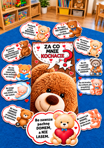 Przedszkolny plakat z misiem pachnącym domem.png