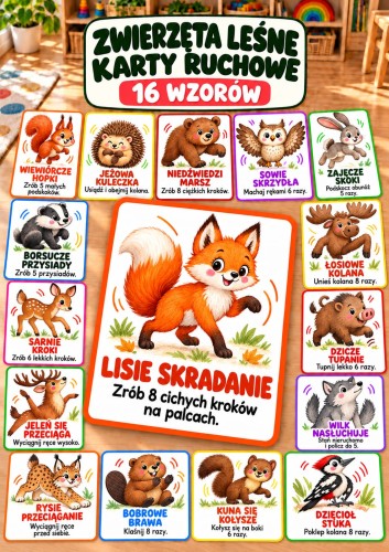 ZWIERZĘTA LEŚNE KARTY RUCHOWE 16 WZORÓW