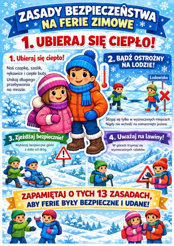  ZASADY BEZPIECZEŃSTWA NA FERIE ZIMOWE - 13 PLANSZ EDUKACYJNYCH  