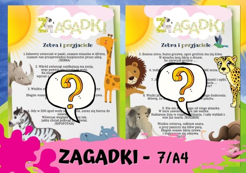 ZAGADKI CZ.1,2 OBRAZKI ZWIERZĄT, NAPISY, ZDANIA ZEBRA