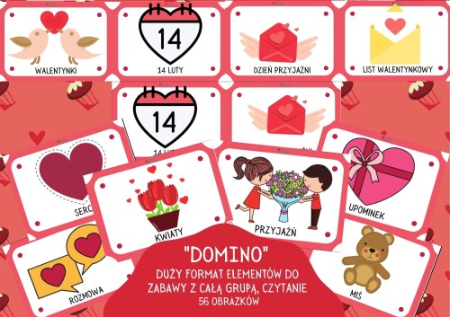 ZESTAW 95 Domino walentynkowe - zalaminowane. Pomoce wydrukowane gotowe do wysyłki.